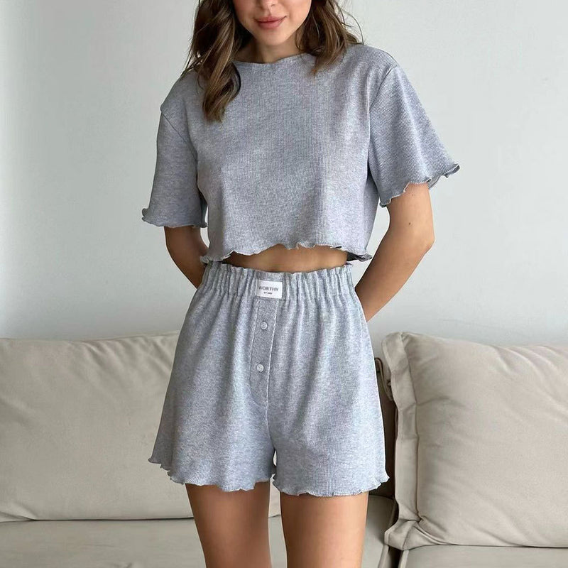 Ruffled cropped top and elastic shorts set, view 4 - MRSLM