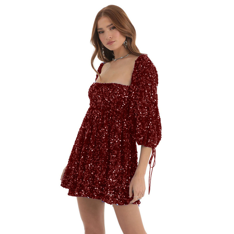 Sequin square collar swing dress, view 7 - MRSLM