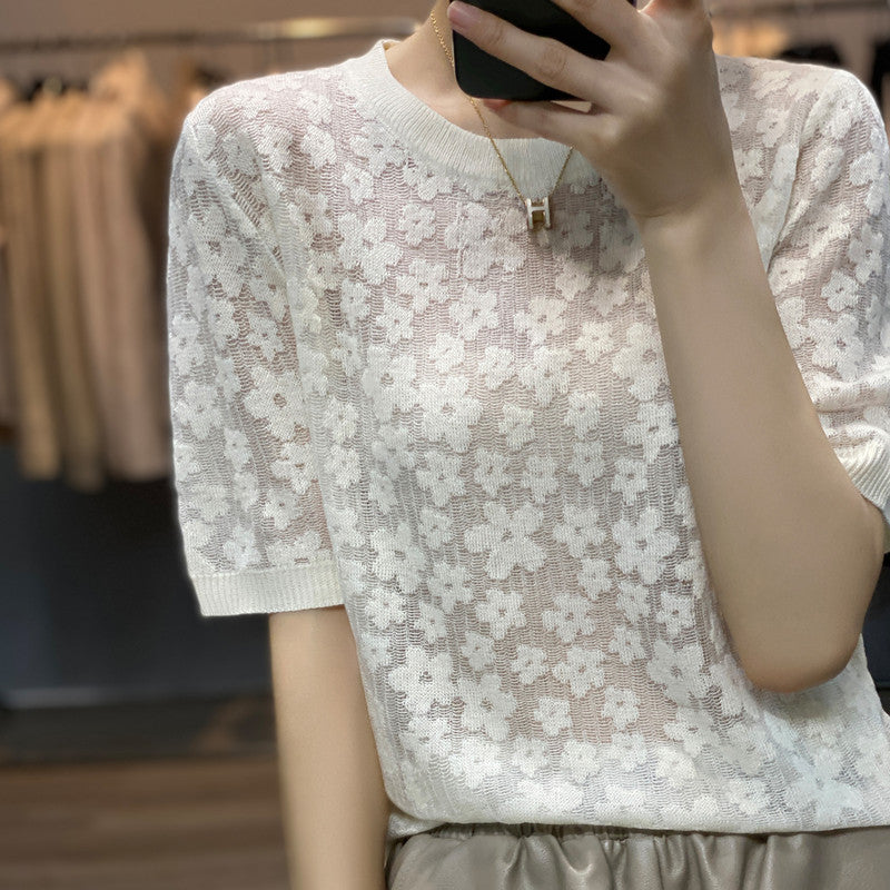 sheer crochet floral jacquard half-sleeve tee, view 8 - MRSLM
