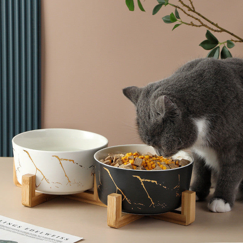 marble pet bowl with bamboo stand, view 6 - MRSLM