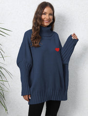 women's loose turtleneck sweater with heart patches, view 4 - MRSLM