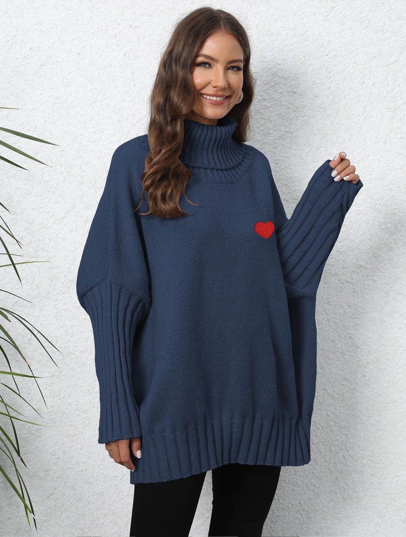 women's loose turtleneck sweater with heart patches, view 4 - MRSLM