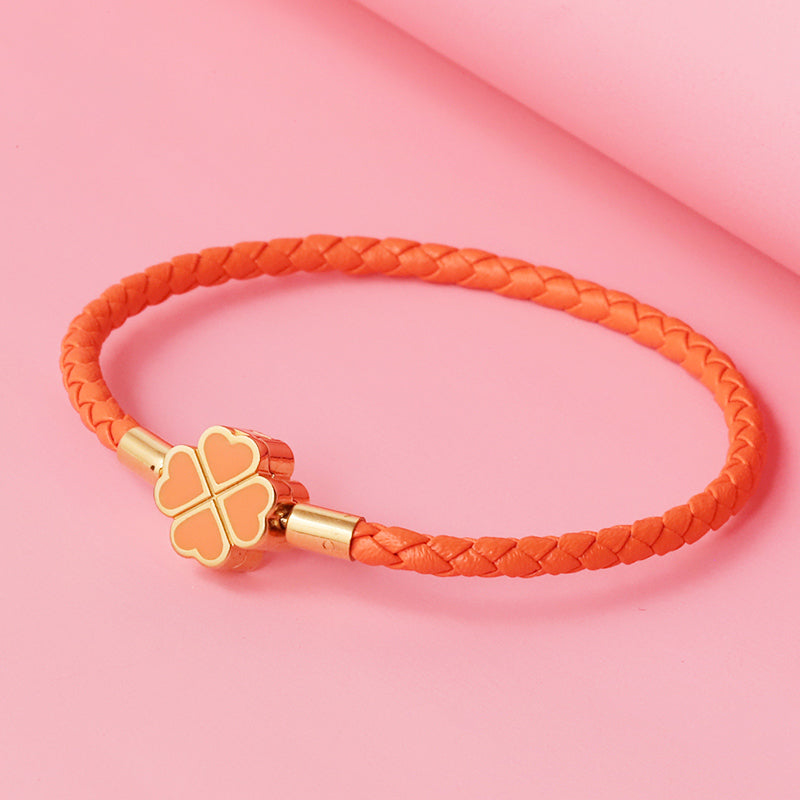four-leaf clover braided leather bracelet, view 10 - MRSLM