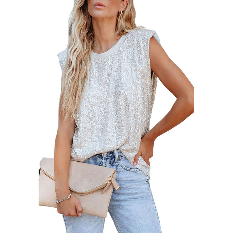 sequined sleeveless padded shoulder vest top, view 2 - MRSLM