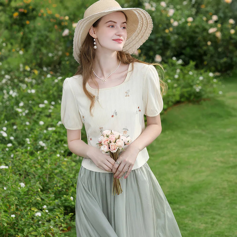 square neck embroidery puff t-shirt, view 3 - MRSLM