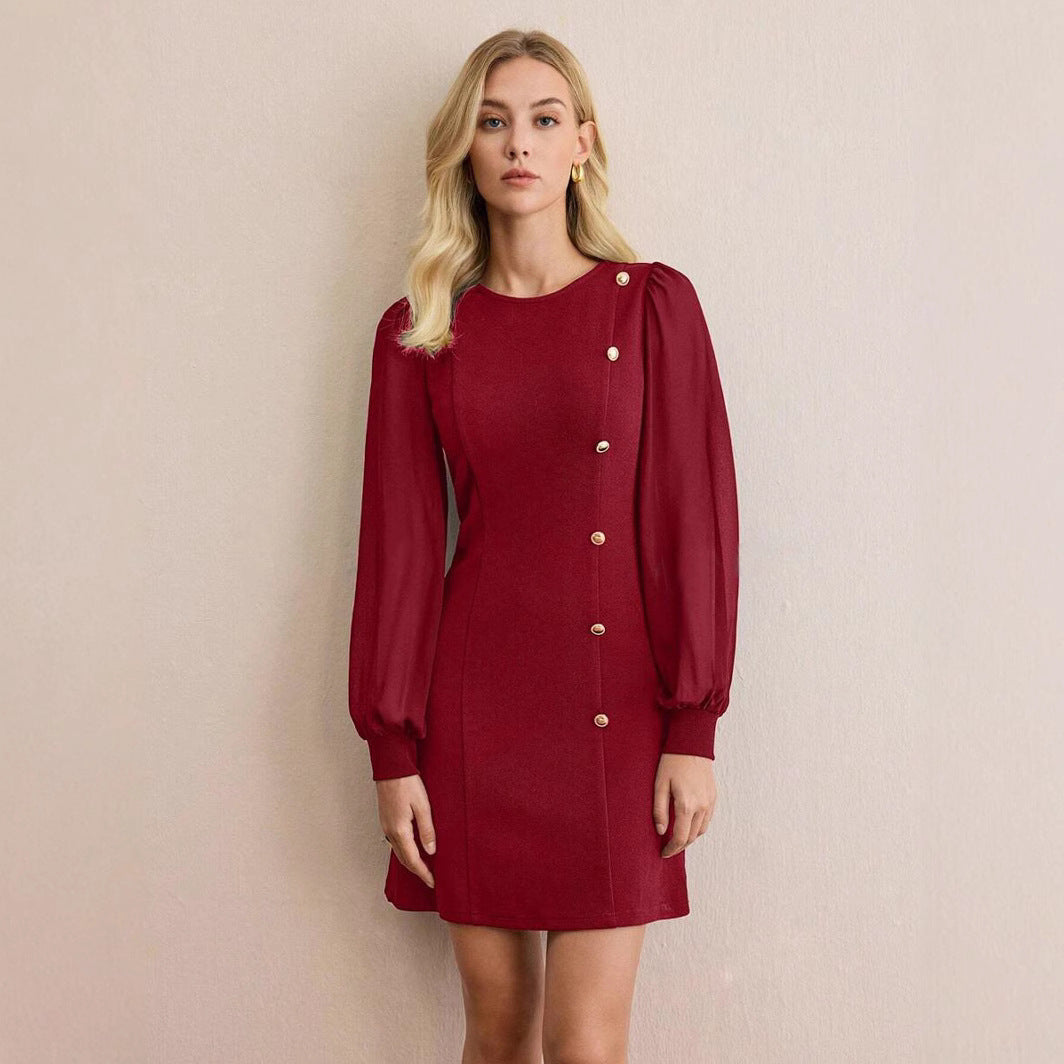 Women's Round Neck Clinch Slim Long Sleeve Solid Color Dress
