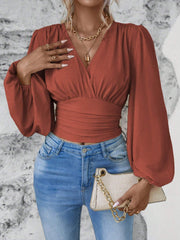 V-neck pleated long sleeve top, view 8 - MRSLM