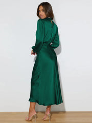 elegant satin ruched slim dress, view 3 - MRSLM
