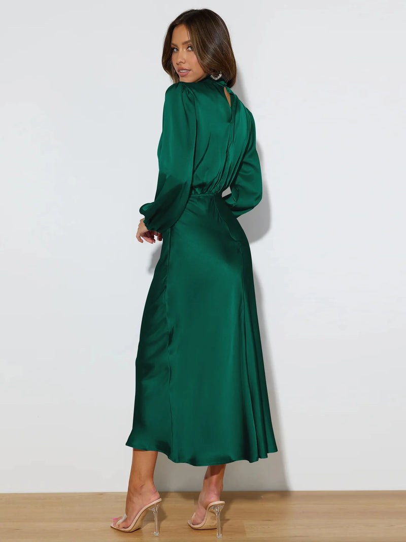 elegant satin ruched slim dress, view 3 - MRSLM