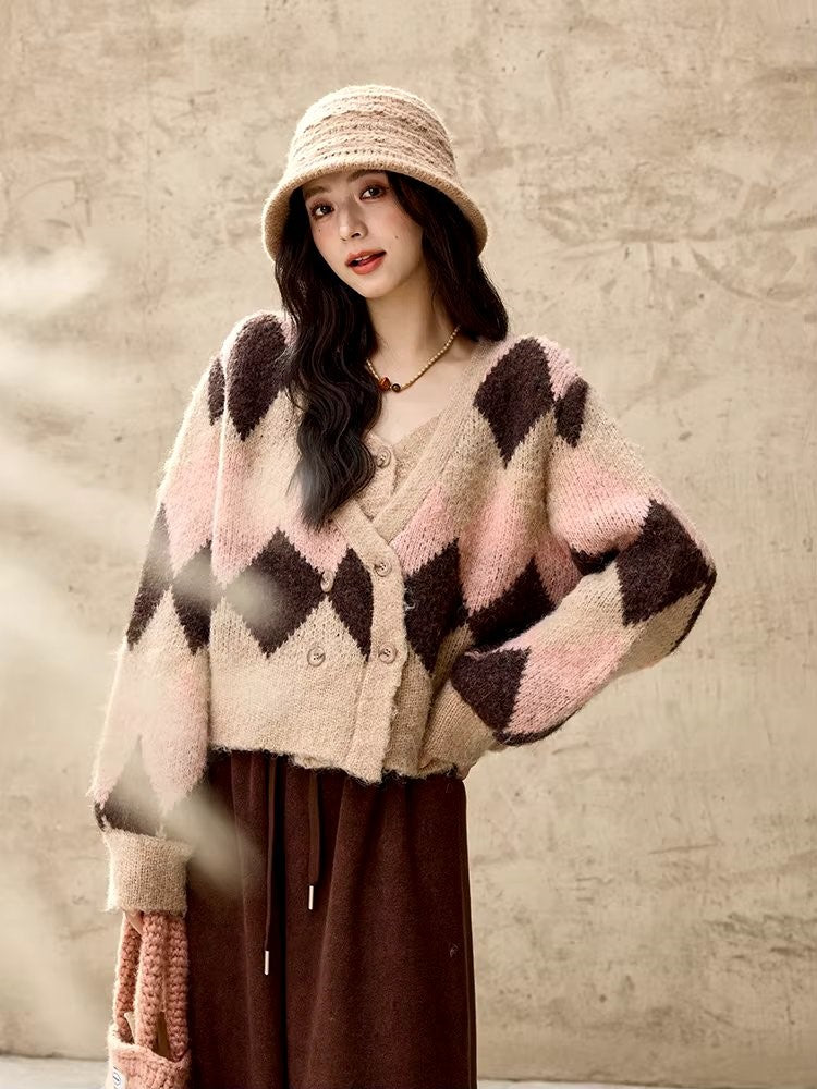 women's plaid v-neck cardigan sweater, view 2 - MRSLM