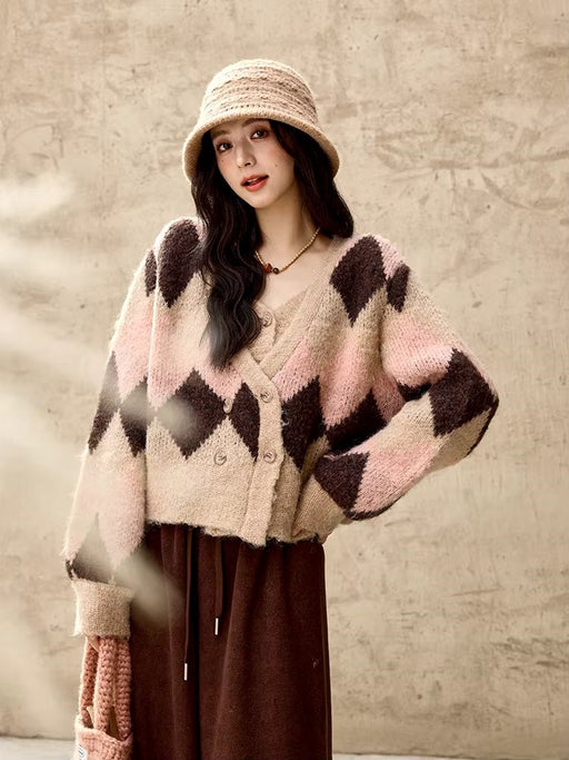 women's plaid v-neck cardigan sweater, view 2 - MRSLM