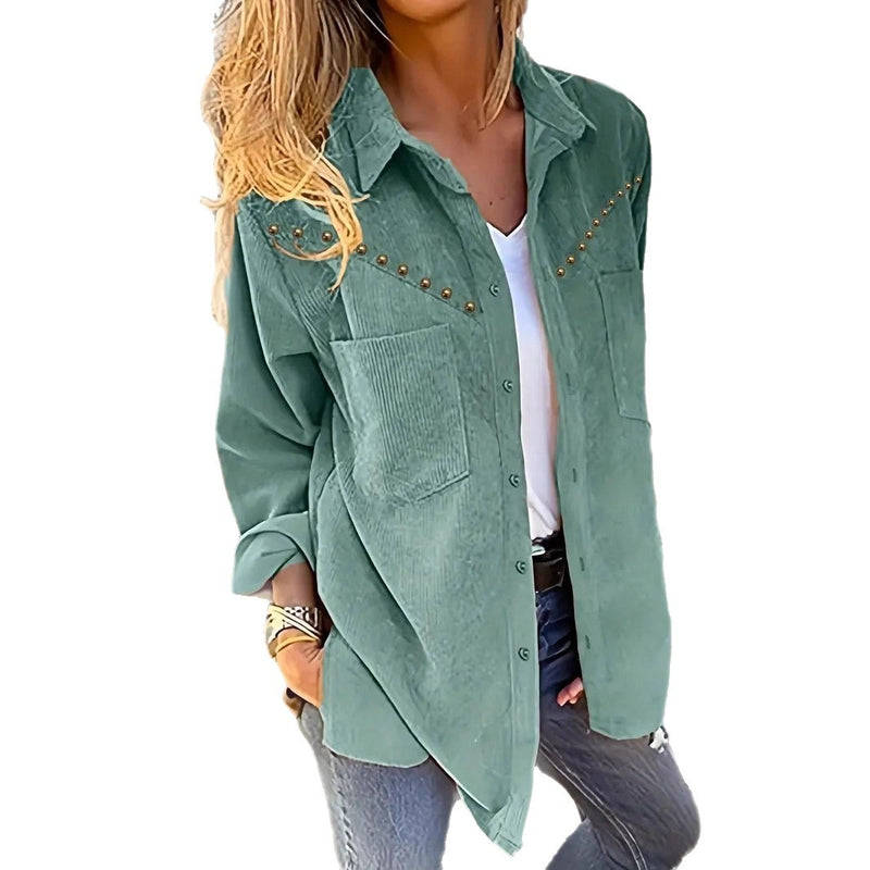 Women's green corduroy shirt jacket, view 4 - MRSLM