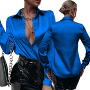 satin pleated long sleeve loose top, view 7 - MRSLM