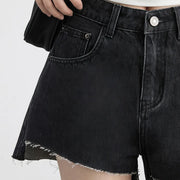 high waist asymmetric hem denim shorts, view 6 - MRSLM