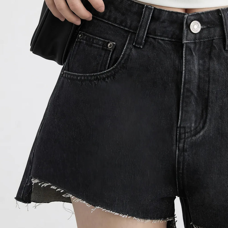 high waist asymmetric hem denim shorts, view 6 - MRSLM