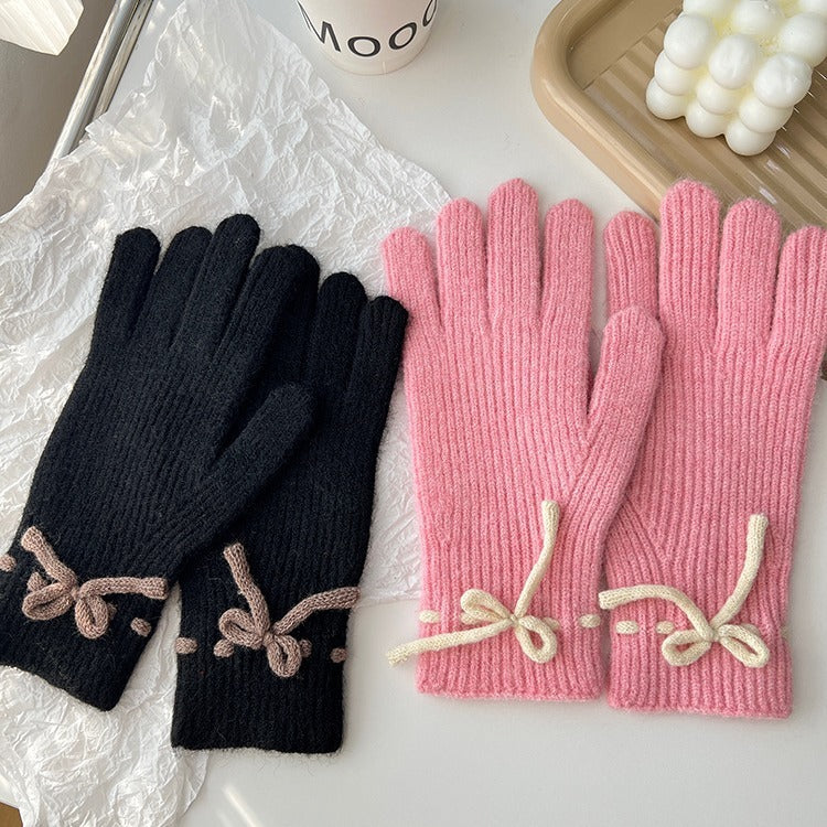 Solid-color bow warm finger gloves - MRSLM