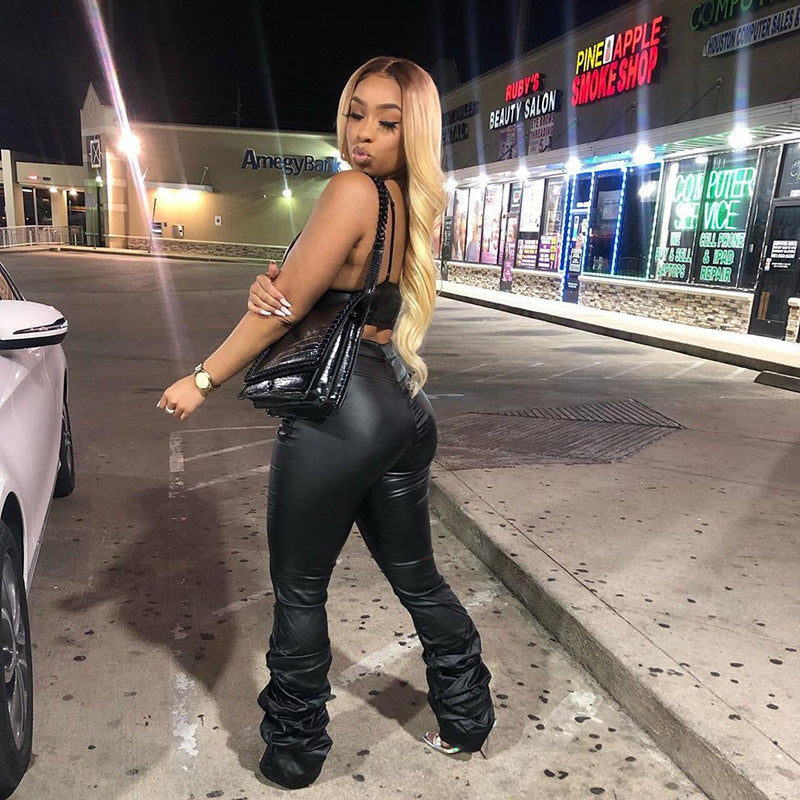 High-waisted Leather Casual Stacked Pants