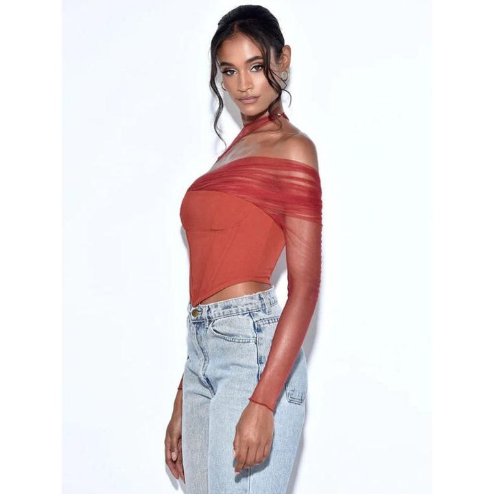 Sheer Mesh Sleeve Strapless Backless Sexy Crop Top