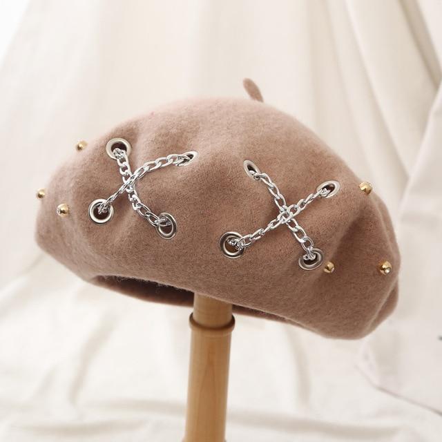 cross chain wool beret, view 2 - MRSLM