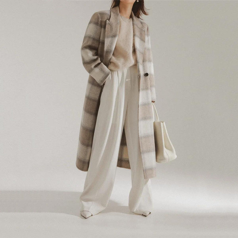 plaid double breasted long coat for women - MRSLM