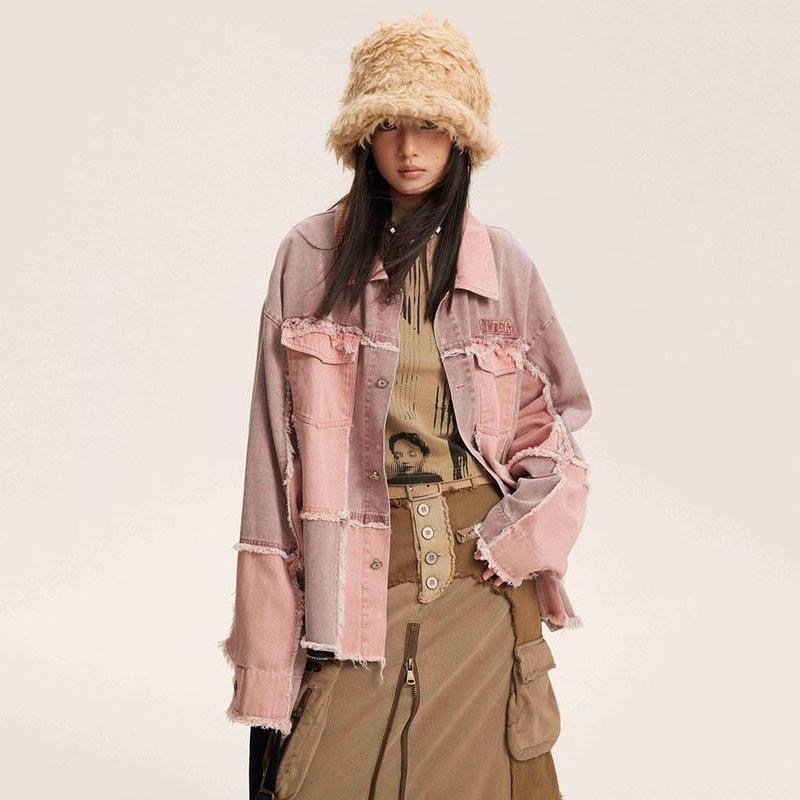 chic patchwork denim jacket for women - MRSLM