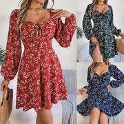 floral lace-up square collar long sleeve dress - MRSLM