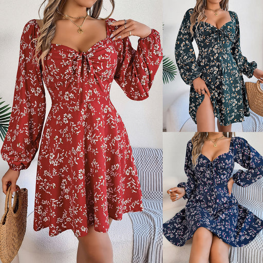 floral lace-up square collar long sleeve dress - MRSLM