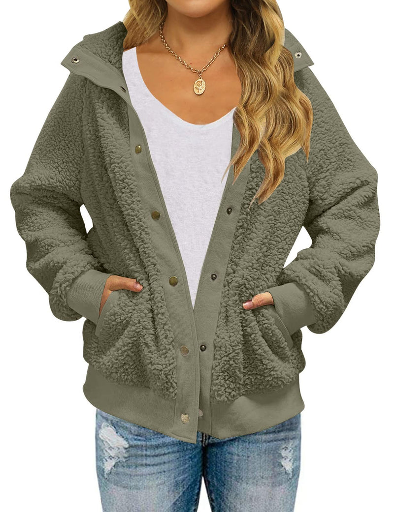 Women's button-front sherpa jacket with pockets, view 3 - MRSLM