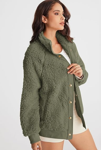 Women's button-front sherpa jacket with pockets, view 2 - MRSLM