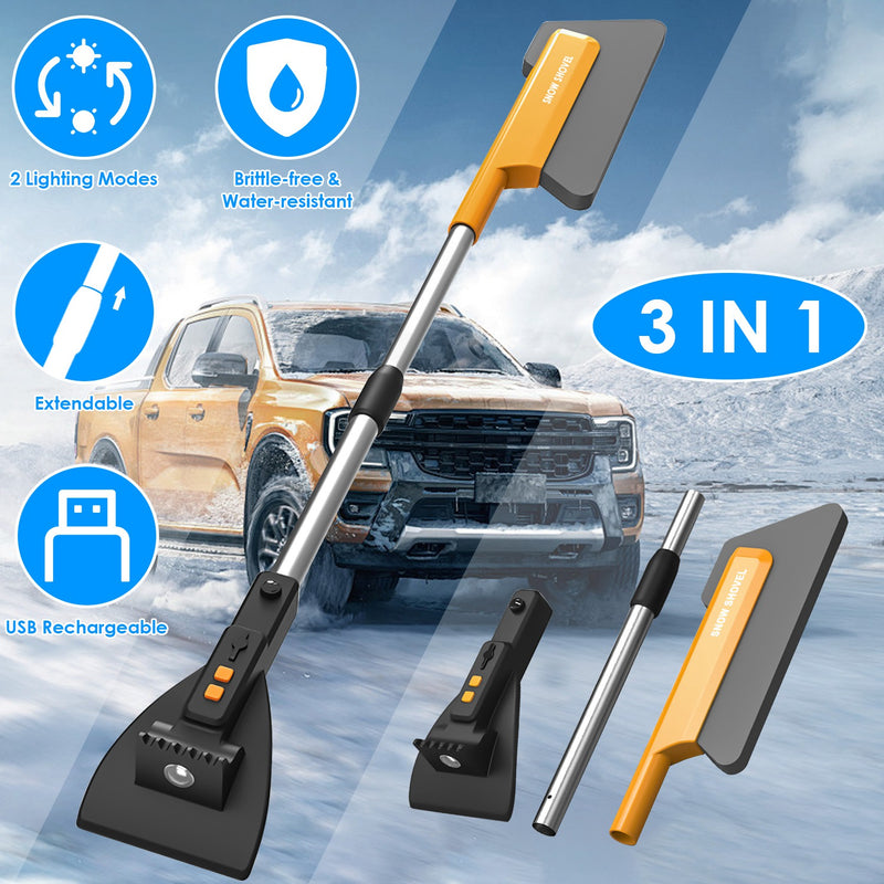 3-in-1 telescopic car snow brush, ice scraper and shovel with light - MRSLM