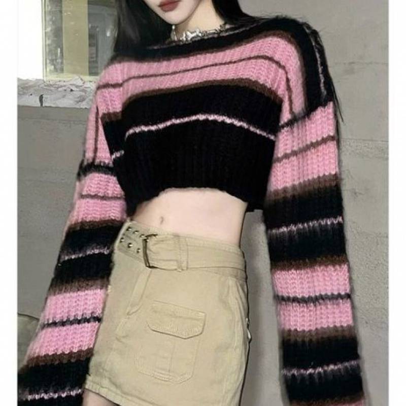 contrast color striped short knit sweater, view 6 - MRSLM