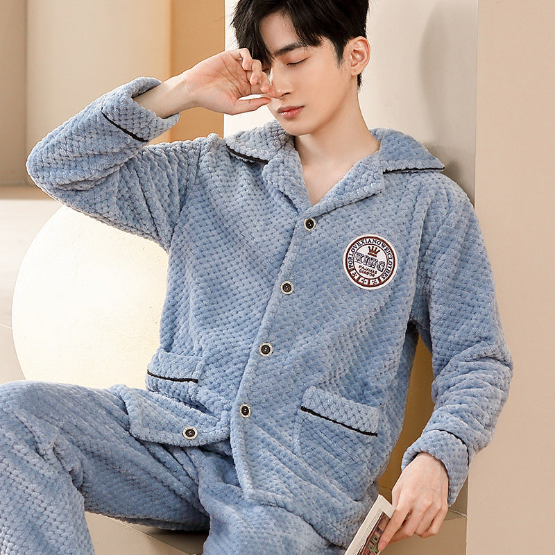 Men's flannel lounge robe cardigan set, view 3 - MRSLM