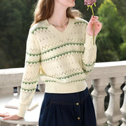 apricot v-neck hollow knit sweater, view 2 - MRSLM