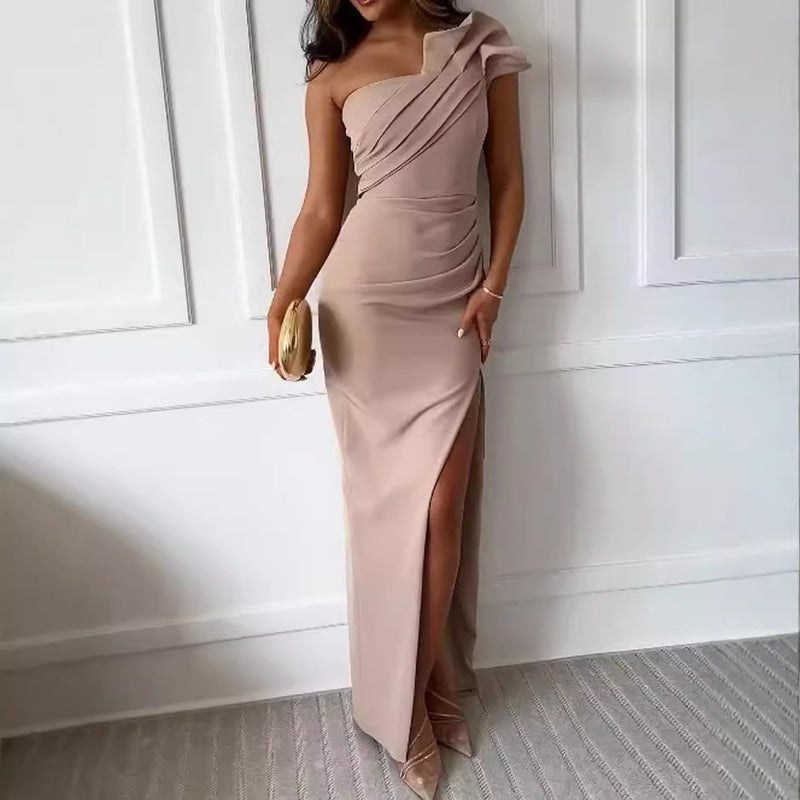 one-shoulder pleated waist slit dress, view 4 - MRSLM