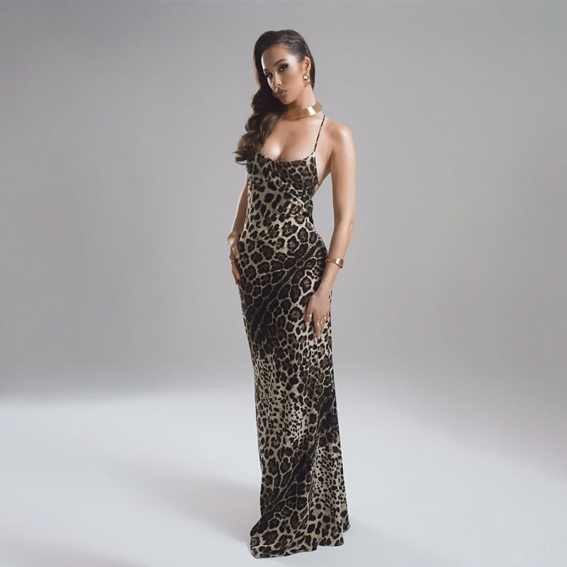 Sexy Leopard Print Backless Lace Up Dress