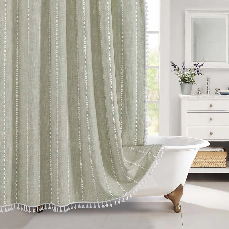bohemian tassel shower curtain, view 4 - MRSLM