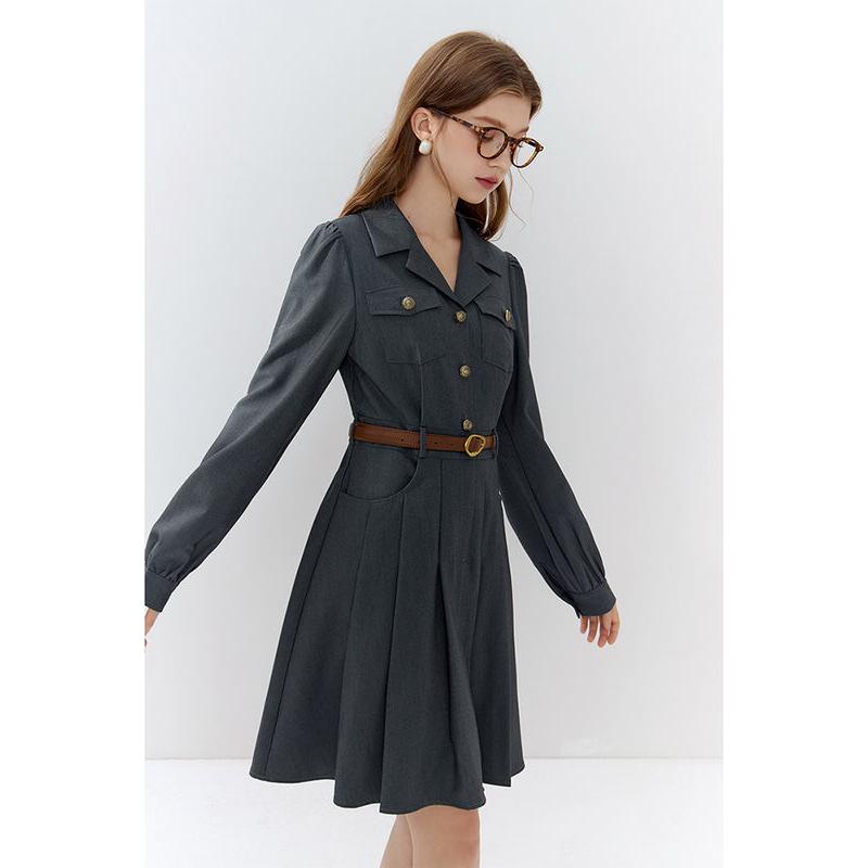 Elegant grey belted suit dress, view 5 - MRSLM