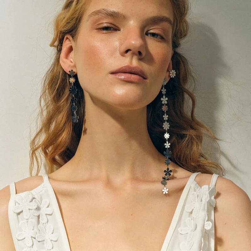 gold plated asymmetrical daisy earrings, view 9 - MRSLM
