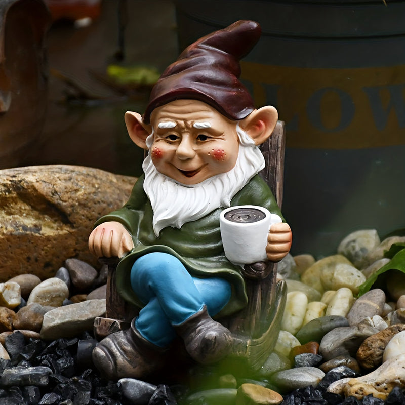 outdoor gnome dwarf on rocking chair, view 3 - MRSLM