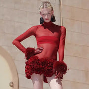 Women's red turtleneck long sleeve dress, view 4 - MRSLM