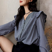 plaid ruffle sleeve v-neck blouse, view 2 - MRSLM