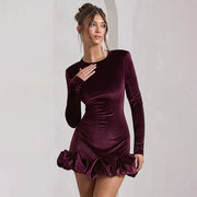 Women's velvet pleated long-sleeve dress, view 3 - MRSLM