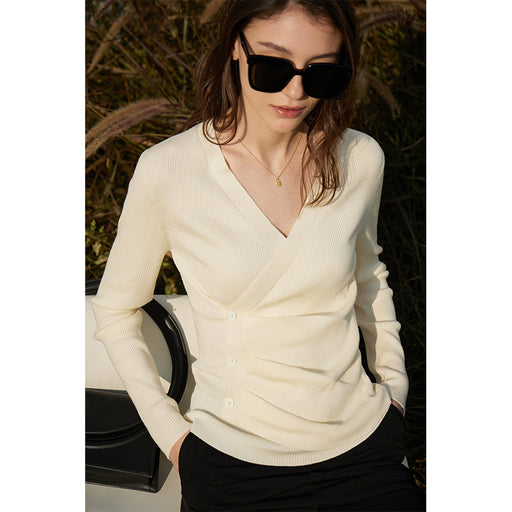 Women's slim V-neck shirred sweater, view 2 - MRSLM