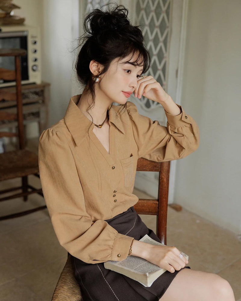 women's long-sleeved V-neck office shirt, view 5 - MRSLM