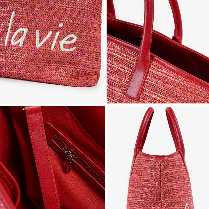 casual straw tote bag with letter decoration, view 9 - MRSLM
