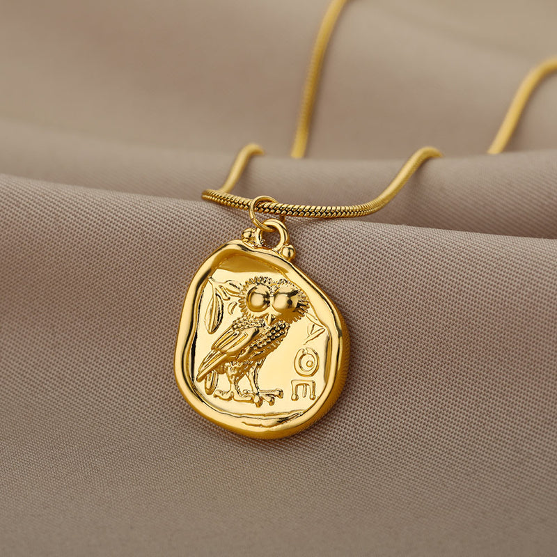 Gold owl pendant necklace, view 3 - MRSLM