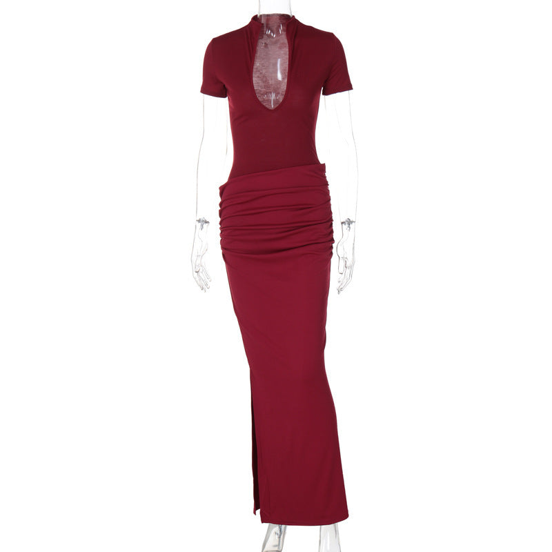 deep V pleated long dress, view 7 - MRSLM