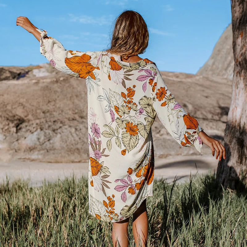 floral buttoned beach tunic dress, view 4 - MRSLM