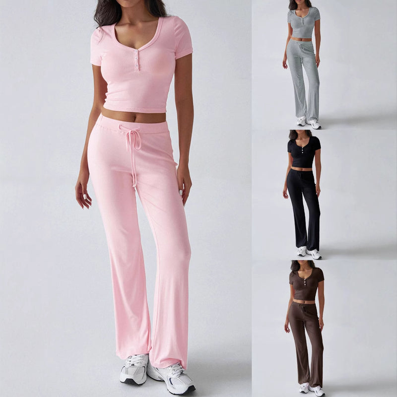 Women's solid color crew neck casual set - MRSLM