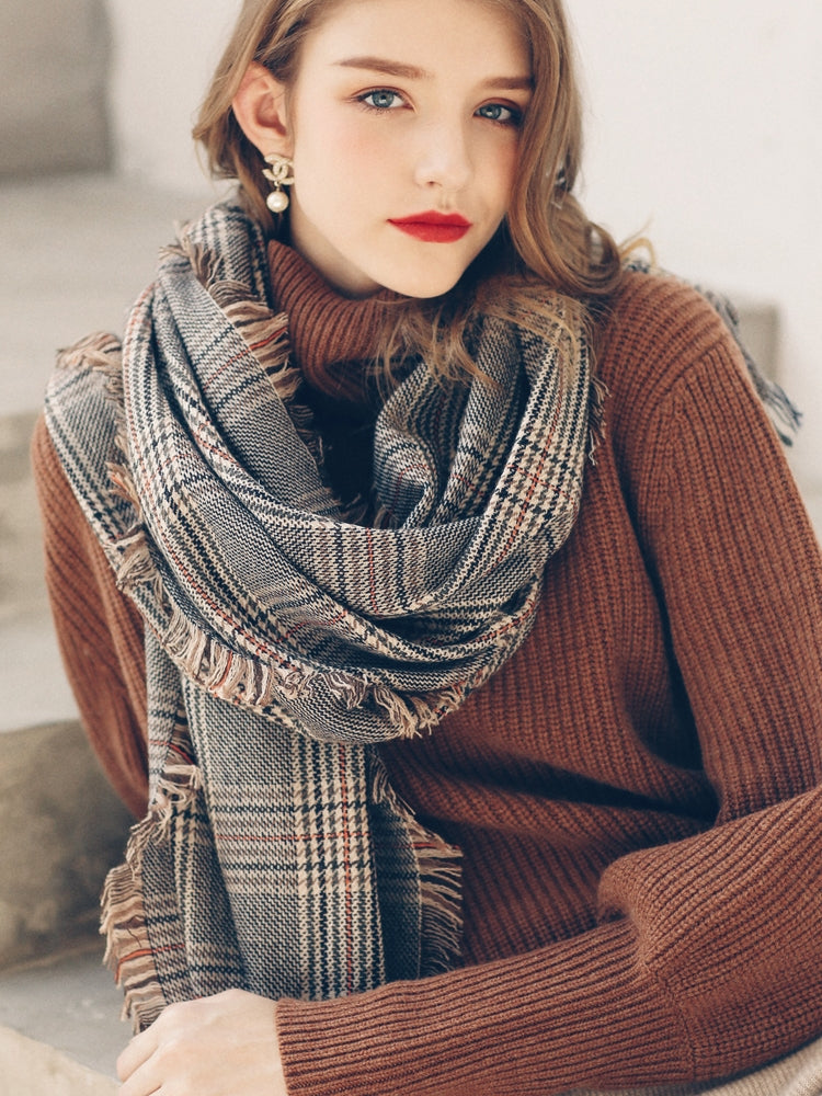 women's plaid houndstooth wool scarf, view 3 - MRSLM